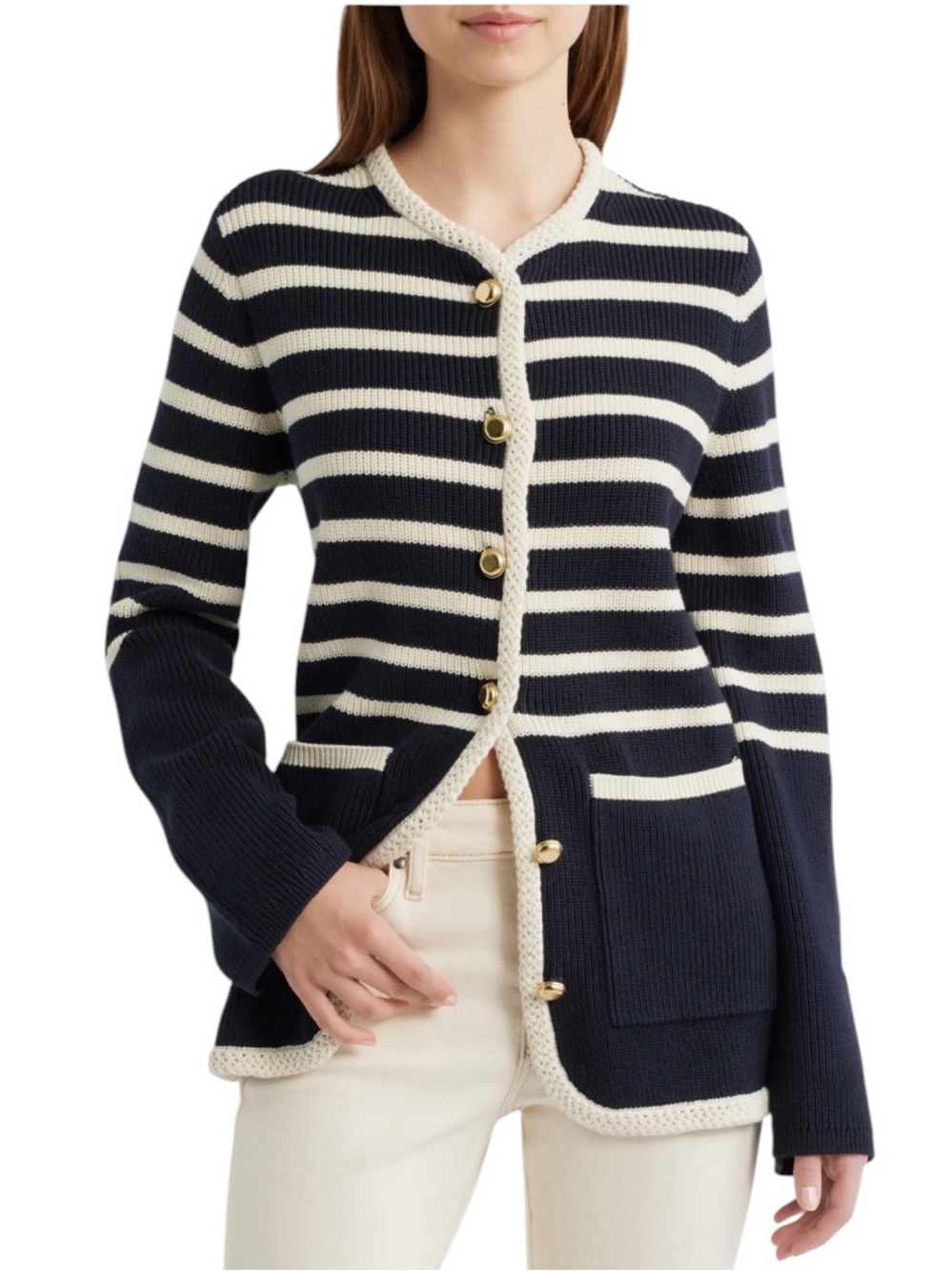 Rag & Bone Women’s Nora Striped‎ Cotton Blend Cardigan Navy Cream Preppy Long XL